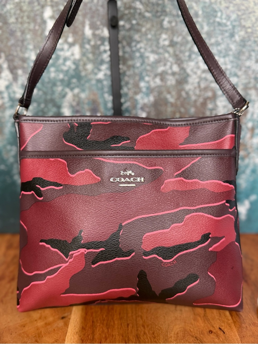 Coach Streetwear Wild Camo File Crossbody Bag Burgundy Multi